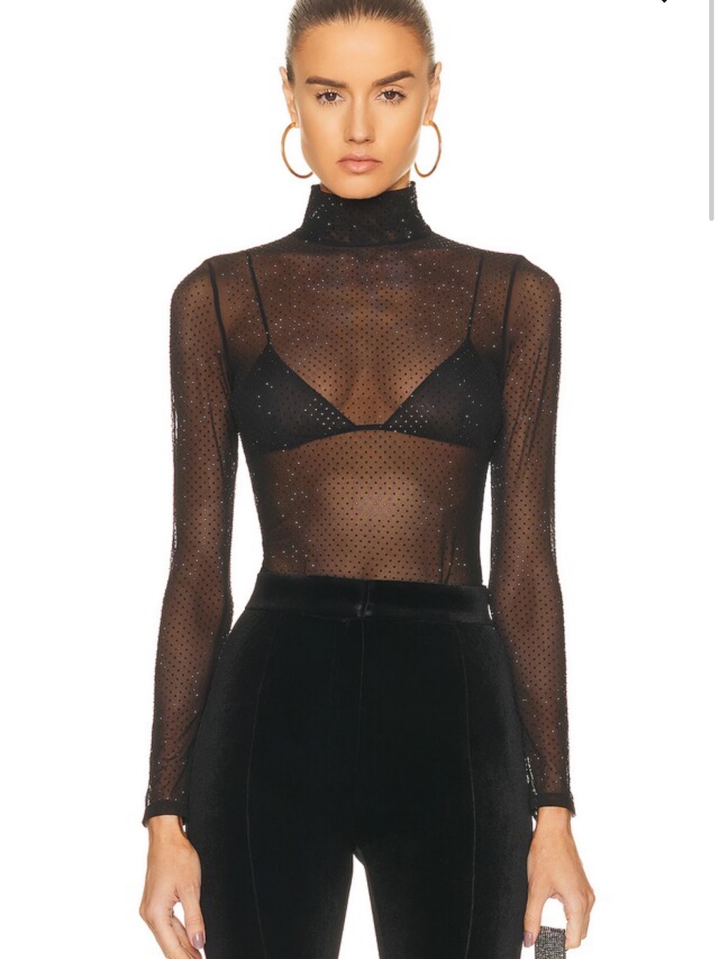 Fleur Du Mal Sheer Rhinestone Mock-Neck Long Sleeve Top Black